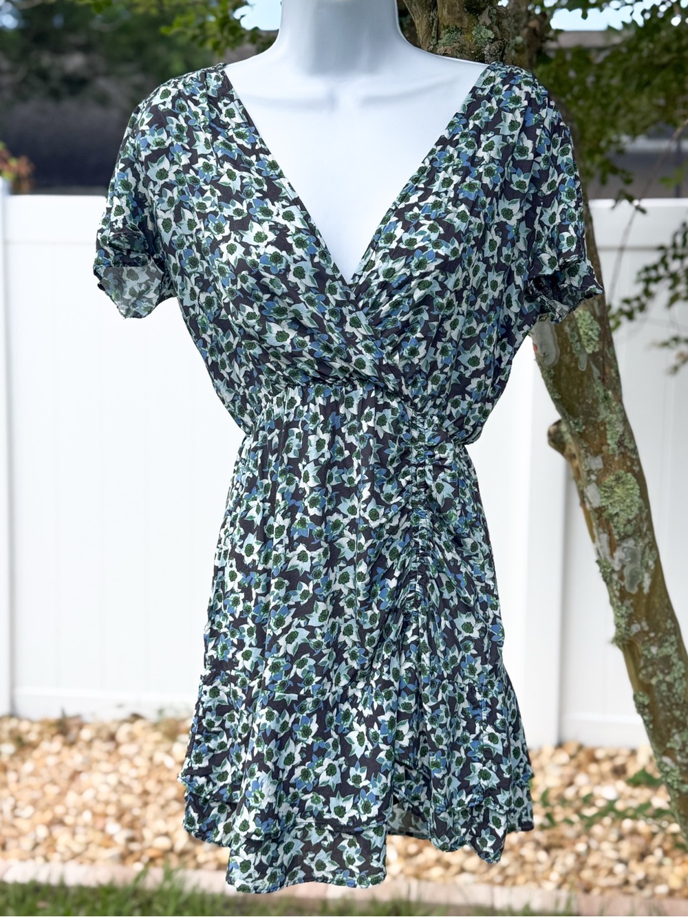 Zara Floral Ruched Mini Dress Blue Green V Neck Short Sleeve Size XS
